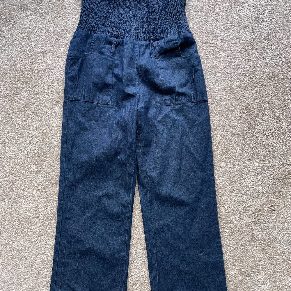 Smocked Denim Strapless Jumpsuit by Drama Gold
